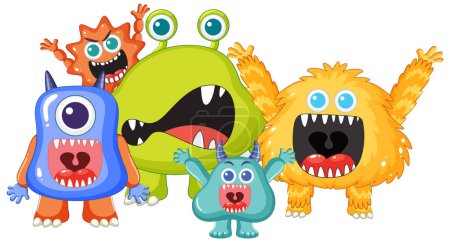 Ilustración de Un grupo de monstruos alienígenas lindos y sus amigos en una ilustración de dibujos animados - Imagen libre de derechos
