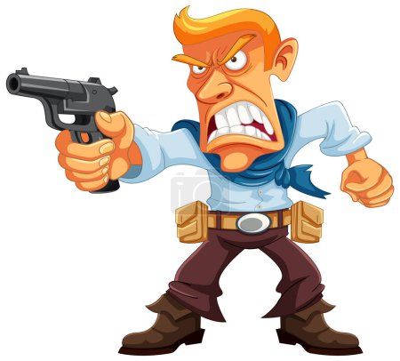 Ilustración de Un vaquero enojado sosteniendo un arma en una ilustración de dibujos animados vectoriales - Imagen libre de derechos