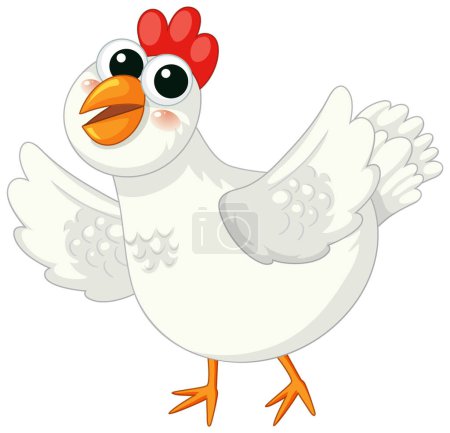 Téléchargez les illustrations : Un personnage de dessin animé de poulet blanc joyeux avec des ailes ouvertes - en licence libre de droit