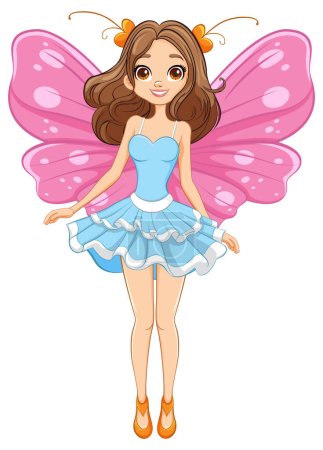 Illustration for A beautiful fairy with butterfly wings in a cartoon illustration - Royalty Free Image