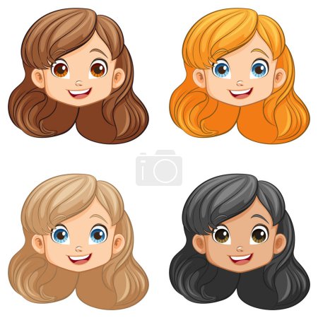 Illustration for A vector illustration featuring four adorable girls with joyful expressions - Royalty Free Image