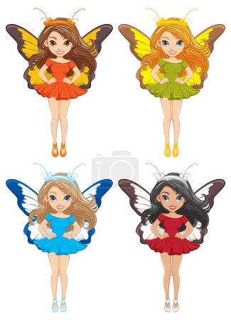 Illustration for Vector cartoon illustration of a stunning woman with flowing hair and fairy-like butterfly wings - Royalty Free Image