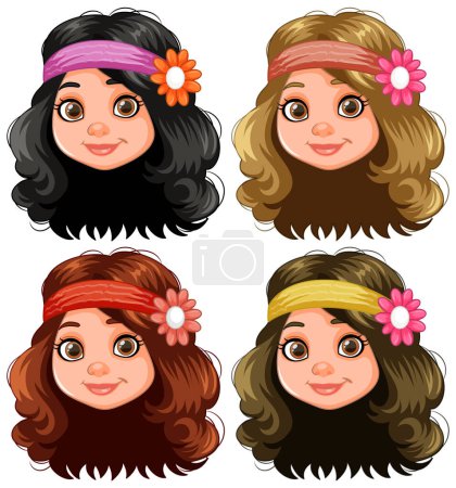 Illustration for Four illustrated women with different hairstyles and headbands. - Royalty Free Image