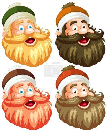 Cuatro hombres de dibujos animados con barbas de colores y sombreros.