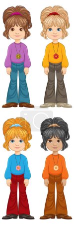 Téléchargez les illustrations : Quatre enfants de dessin animé avec différentes coiffures et vêtements. - en licence libre de droit