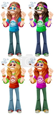 Téléchargez les illustrations : Ensemble vectoriel coloré d'une fille hippie dans différentes poses. - en licence libre de droit