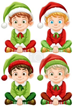 Vier fröhliche Elfen in festlicher Weihnachtskleidung.
