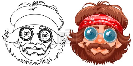 Deux visages masculins stylisés avec accessoires hippie vintage.