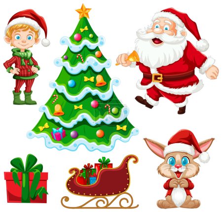Téléchargez les photos : Illustration de Noël colorée avec Père Noël, elfe et cadeaux. - en image libre de droit