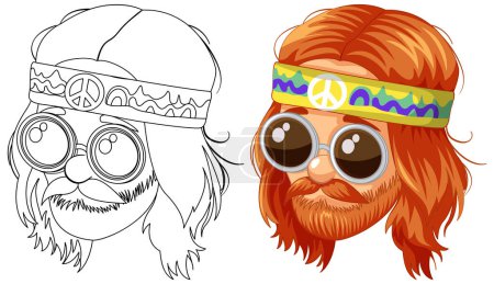 Illustration for Colorful hippie with beard and round sunglasses. - Royalty Free Image
