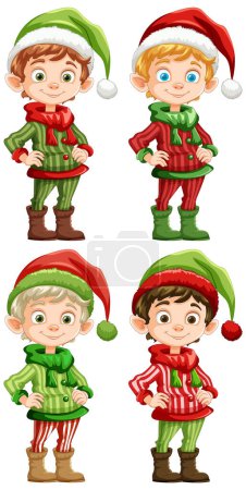 Four cheerful elves in festive holiday attire.