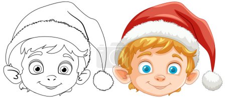 Illustration for Black and white and colored illustrations of a Christmas elf. - Royalty Free Image