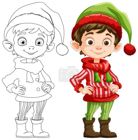 Colorful vector illustration of a smiling Christmas elf.
