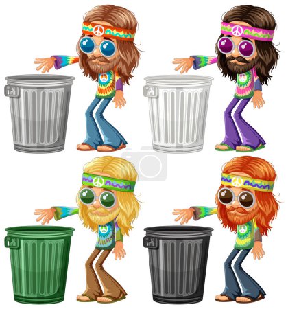 Ilustración de Hippies de dibujos animados clasificando la basura en contenedores. - Imagen libre de derechos