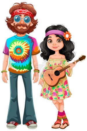 Illustration for Cartoon hippies with colorful attire and guitar. - Royalty Free Image