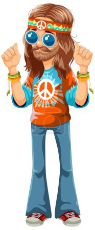 Dibujos animados hippie con signo de paz y colorido atuendo.