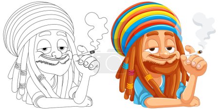 Téléchargez les illustrations : Deux hommes rastafariens heureux fumant et se relaxant. - en licence libre de droit