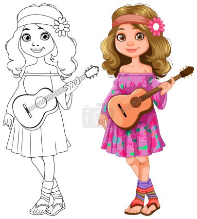 Téléchargez les illustrations : Dessin animé fille tenant guitare, art coloré et ligne. - en licence libre de droit