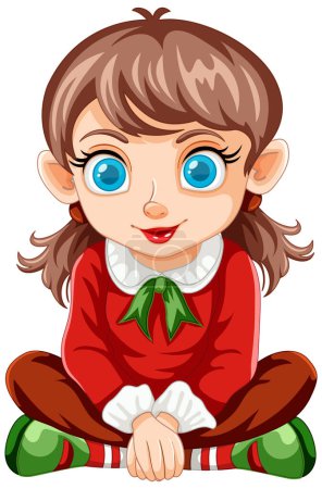 Cartoon elf girl with big blue eyes smiling.