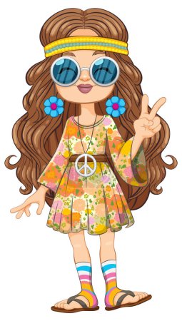 Karikatur eines Mädchens in buntem Hippie-Gewand.