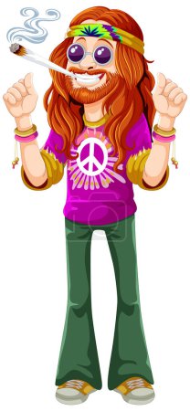 hippie dessin animé avec signe de paix et fumée.