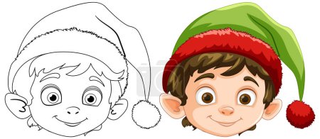 Illustration for Colorful and outlined versions of a cheerful Christmas elf. - Royalty Free Image