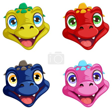 Illustration for Four vibrant dragon heads showing different expressions. - Royalty Free Image