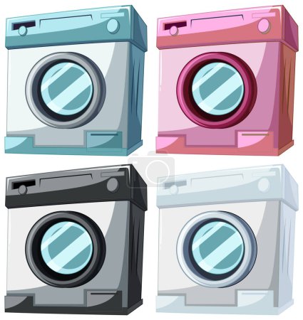 Téléchargez les illustrations : Quatre machines à laver de style dessin animé en différentes couleurs - en licence libre de droit