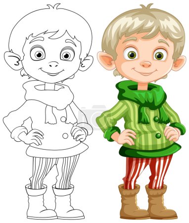 Téléchargez les illustrations : Art linéaire et illustration colorée d'un elfe heureux. - en licence libre de droit