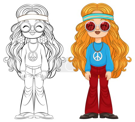 Illustration for Colorful and line art of a 70s styled girl. - Royalty Free Image