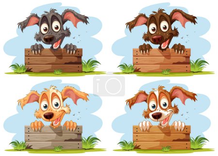 Téléchargez les illustrations : Quatre chiens de dessin animé montrant différentes émotions et couleurs. - en licence libre de droit