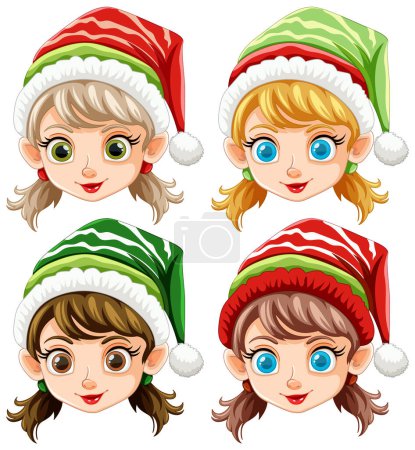Quatre avatars elfes portant des chapeaux de Noël colorés.