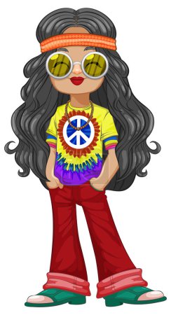 Ilustración de Personaje hippie colorido en traje retro y accesorios. - Imagen libre de derechos