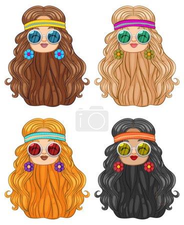Téléchargez les illustrations : Quatre coiffures colorées avec illustration de lunettes de soleil tendance. - en licence libre de droit