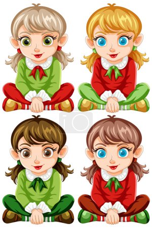 Cartoon-Illustrationen von vier verschiedenen Mädchen sitzen.