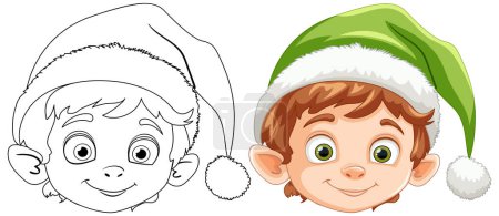 Ilustración de Color y línea de arte de un alegre elfo de Navidad. - Imagen libre de derechos