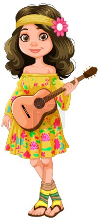 Dibujos animados de una chica con guitarra en vestido floral.