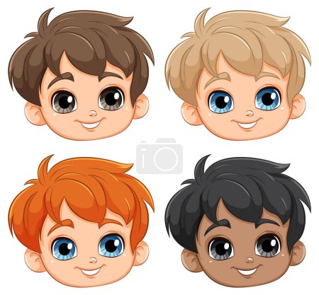 Téléchargez les illustrations : Quatre enfants de dessin animé souriants avec différentes couleurs de cheveux - en licence libre de droit
