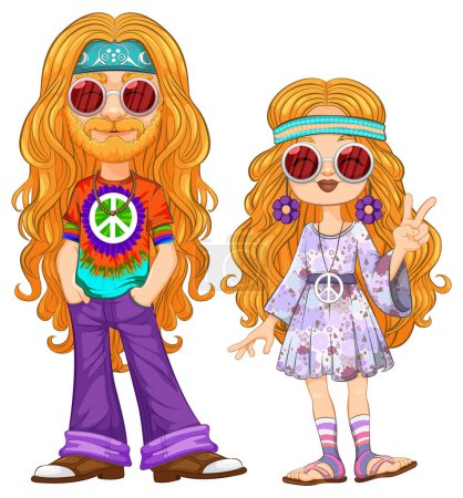 Ilustración de Dibujos animados hippie hombre y chica con símbolos de paz. - Imagen libre de derechos