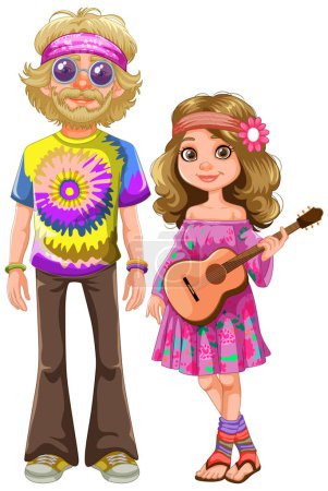 Cartoon hippies with colorful clothing and guitar.