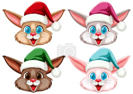Illustration for Four cartoon rabbits wearing colorful Christmas hats. - Royalty Free Image