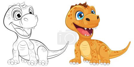 Ilustración de Ilustraciones de dinosaurios coloridas y esbozadas lado a lado. - Imagen libre de derechos