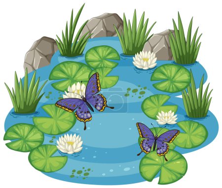 Ilustración de Coloridas mariposas sobre un tranquilo estanque de jardín - Imagen libre de derechos