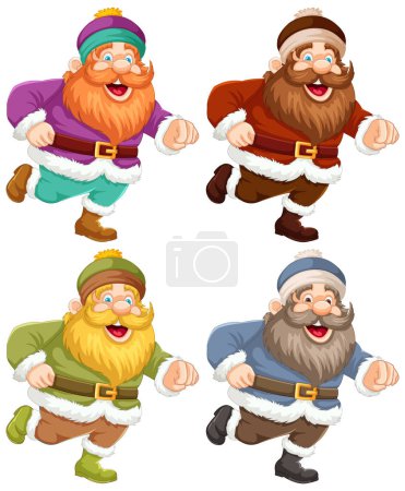 Illustration for Four cheerful dwarves with distinct colorful clothing. - Royalty Free Image