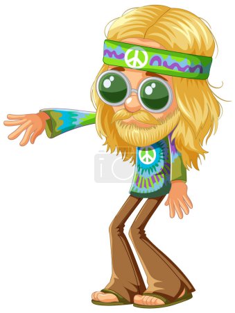 Téléchargez les illustrations : Hippie dessin animé avec des symboles de paix et des lunettes de soleil. - en licence libre de droit