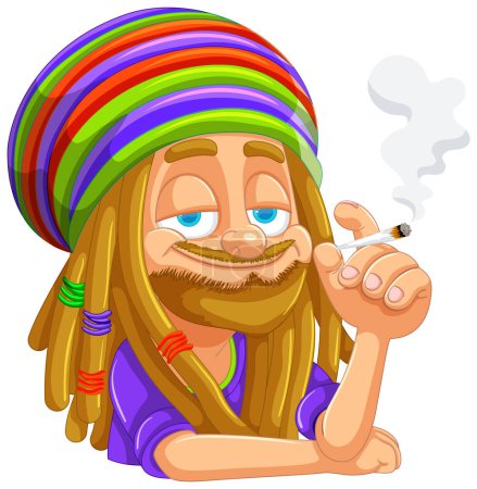 Téléchargez les illustrations : Caricature d'une rasta détendue avec des coiffures colorées fumant. - en licence libre de droit