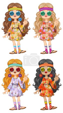 Vier stylische Mädchen in bunten Hippie-Outfits.