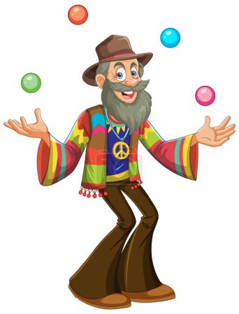Téléchargez les illustrations : Bandes dessinées hippie jongler avec des boules avec un sourire joyeux. - en licence libre de droit