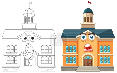Téléchargez les illustrations : Deux bâtiments de dessin animé avec des traits faciaux humains - en licence libre de droit