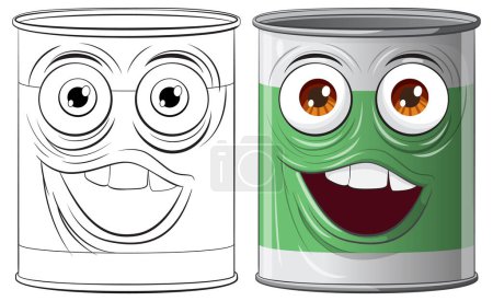 Illustration for Two animated cans showing joyful and surprised expressions. - Royalty Free Image